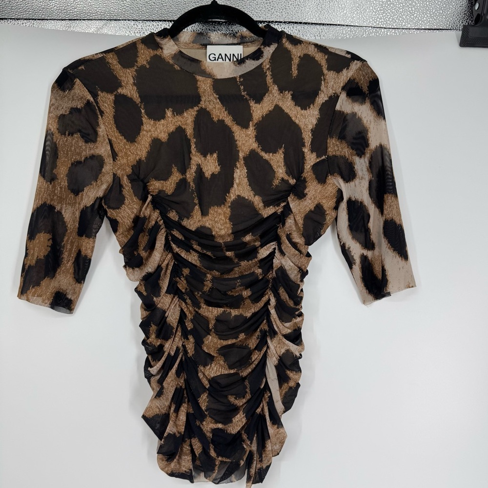 Ganni Mesh Leopard Ruched Top - Picture 2 of 8